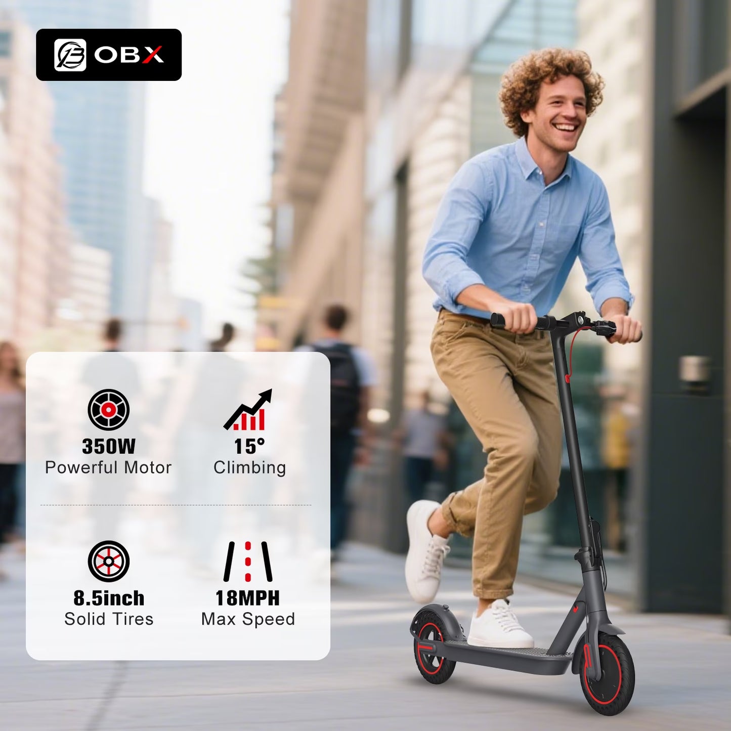 OBX 350W Electric Scooter for Adults, 18MPH & 12-16 Miles Range, 8.5" Solid Tires, Foldable Commuting E-Scooter with APP Control & Brake System